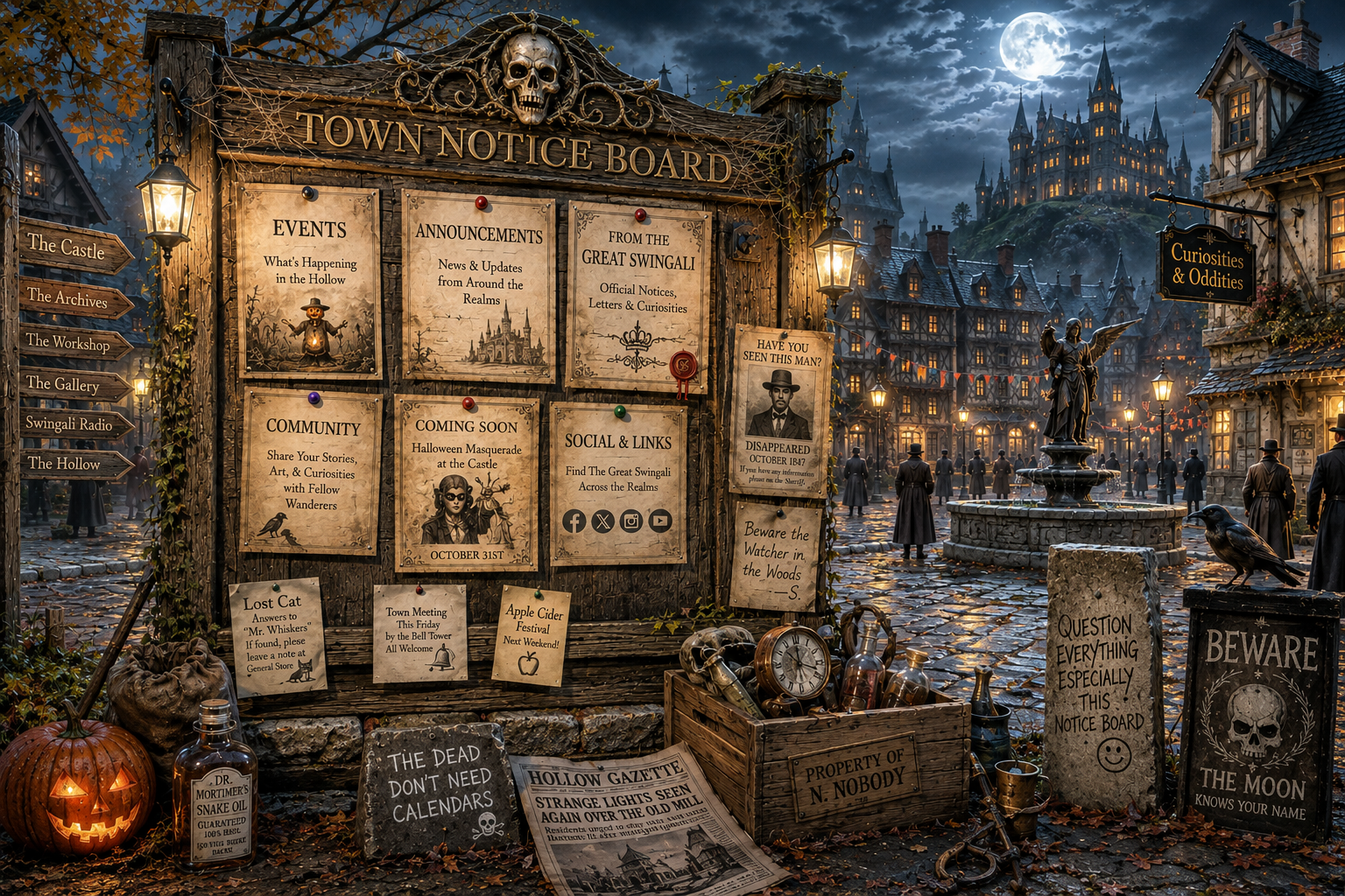 The Great Swingali's haunted town notice board